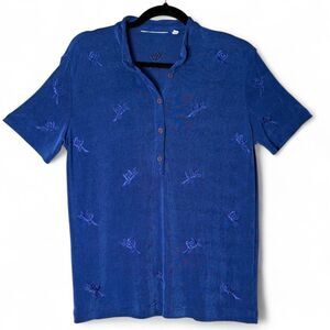 90s VTG Blue Embroidered Rose Slinky Knit Polo Top Slouchy Short Sleeve sz M/L